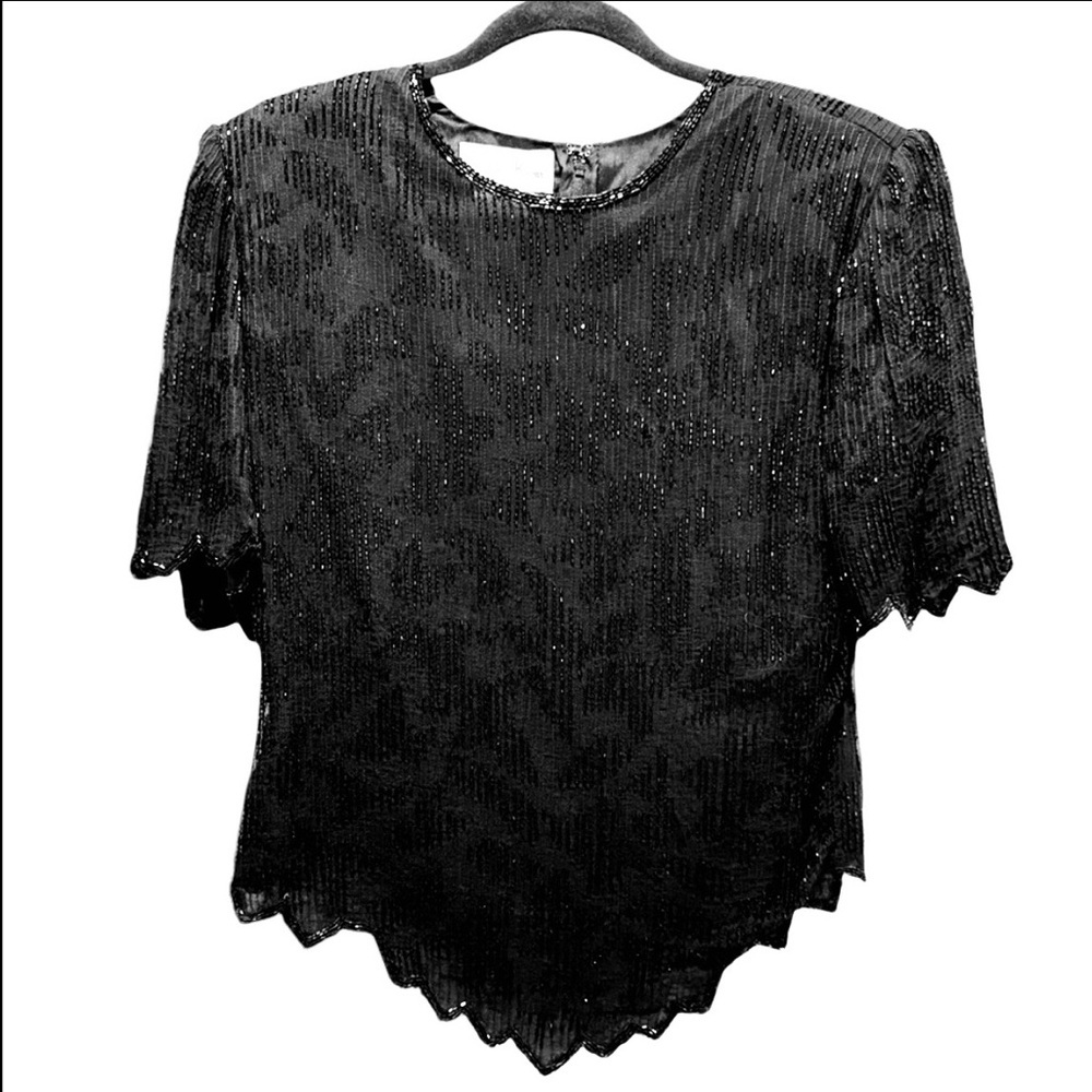 VTG Laurence Kazar Beaded Silk Top Black Sequin Evening Blouse Scalloped Size XL